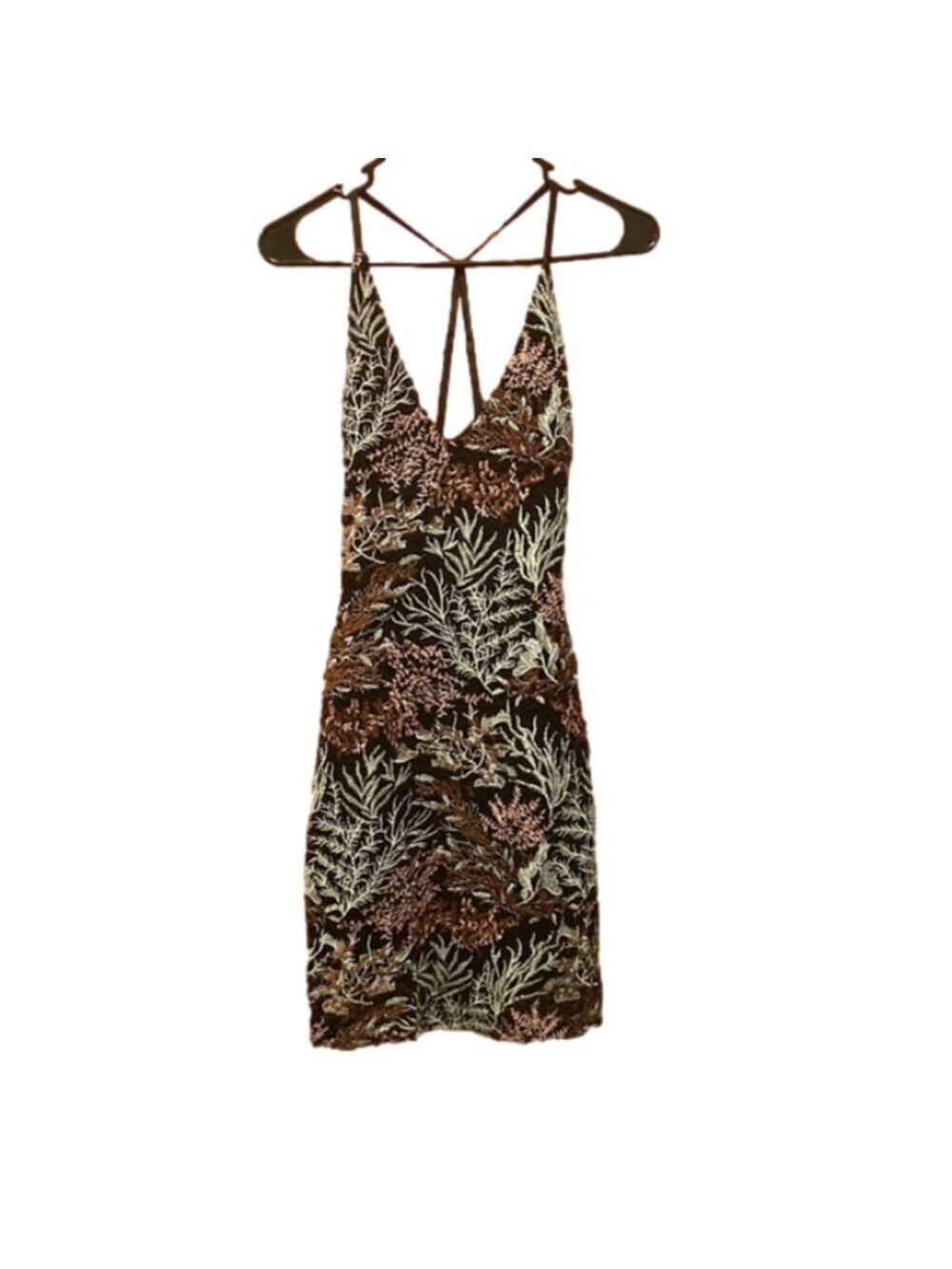 Goldie Black V-Neck Embroidered Mini Dress with Criss-Cross Spaghetti Straps